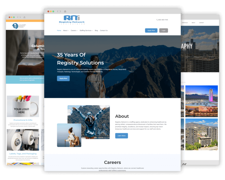 Examples of custom websites for businesses, including a staffing agency, promotional products company, and drone photography portfolio, showcasing diverse design styles.