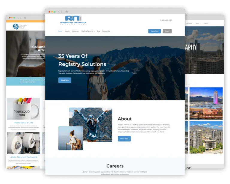 Examples of custom websites for businesses, including a staffing agency, promotional products company, and drone photography portfolio, showcasing diverse design styles.