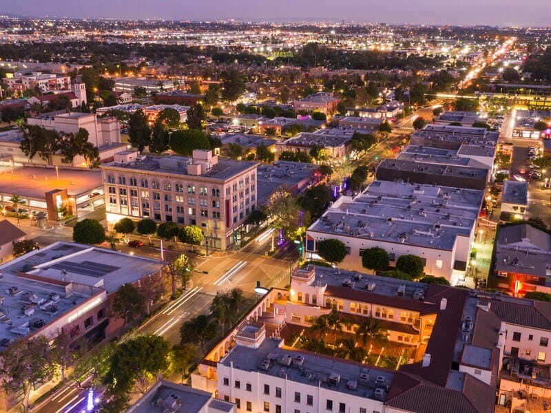 Downtown Fullerton at dusk, showcasing local businesses and vibrant streets—ideal setting for Fullerton website design services by OC Websites.