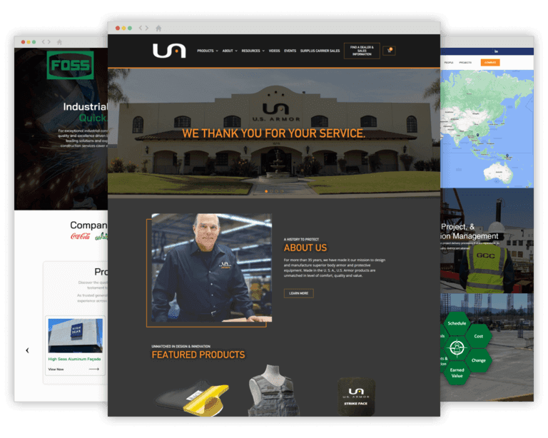 Three unique website redesigns by OC Websites, including U.S. Armor up front. 