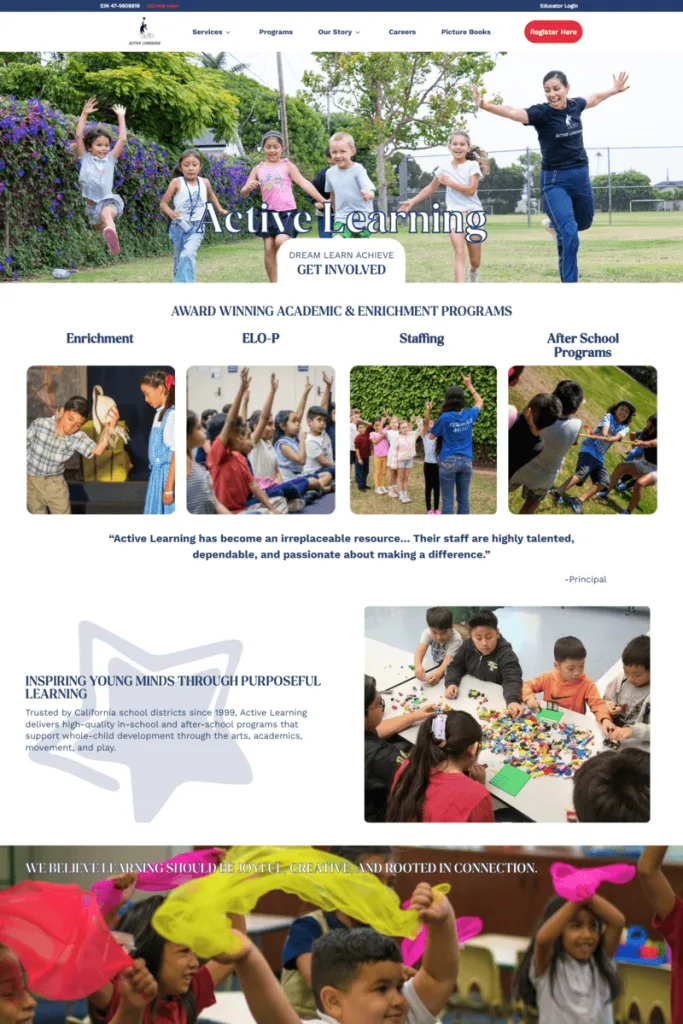 Screenshot of an education nonprofit website in Santa Ana.