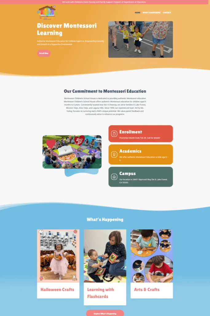 Screenshot of a CS Montessori of Lake Forest school website homepage.