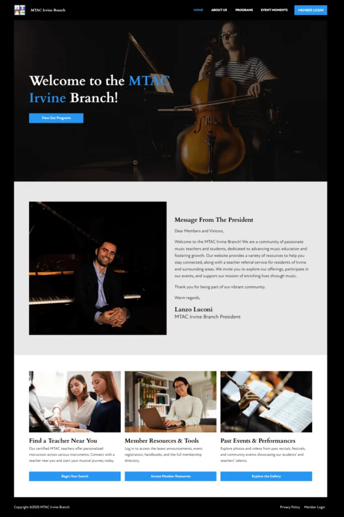 Screenshot of the MTAC Irvine homepage designed by OC Websites.
