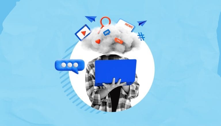 Person using a laptop with a cloud over their head surrounded by digital icons, symbolizing online distraction and digital overload.