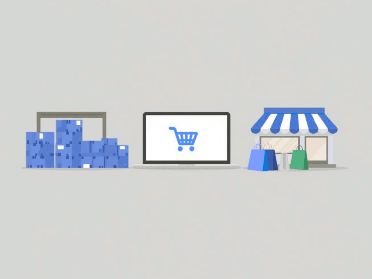 Illustration of a laptop with a shopping cart icon connecting wholesale (warehouse with forklift and boxes) and retail (storefront with shopping bags).
