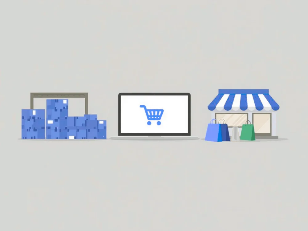 Illustration of a laptop with a shopping cart icon connecting wholesale (warehouse with forklift and boxes) and retail (storefront with shopping bags).