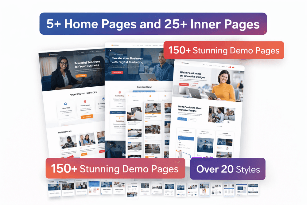 Website template promo graphic advertising 5+ home pages, 25+ inner pages, 150+ demo pages, and over 20 styles included.