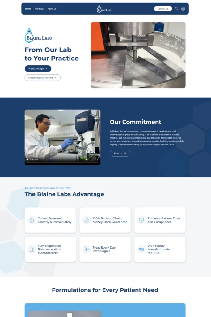 Website screenshot of Blaine Labs, a FDA-registered manufacturer of physician-dispensed topical medications.