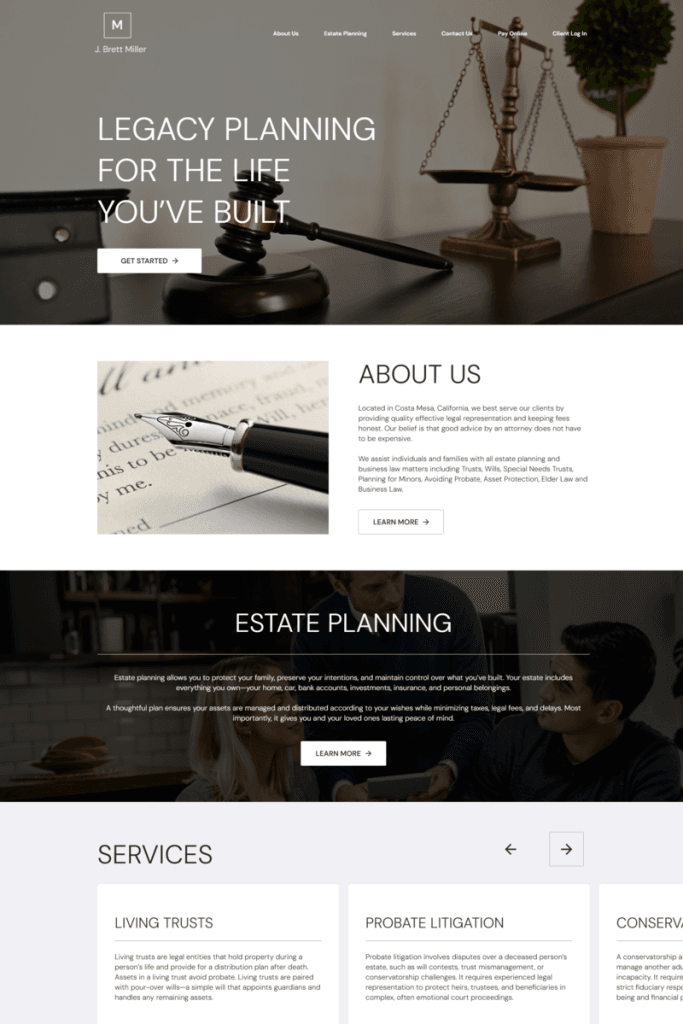 J. Brett Miller law website screenshot in Orange County, CA.