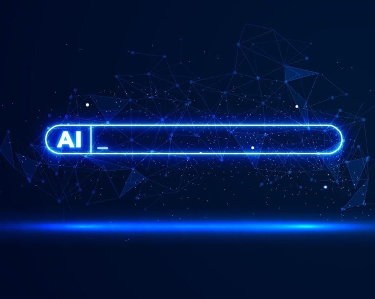 Futuristic AI search bar graphic with blue light effects and connected digital nodes.