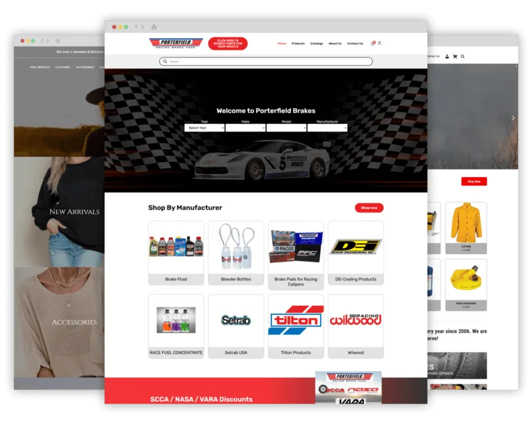 Custom ecommerce website homepage with product search, featured brands, and category navigation, showcasing a clean, conversion-focused online store layout.