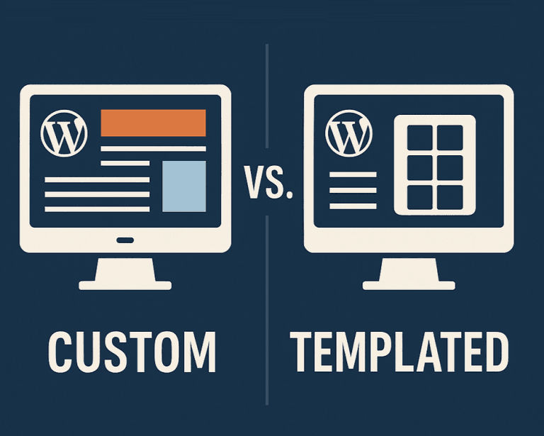 Comparison graphic showing two WordPress website styles: a custom layout on the left and a templated layout on the right, labeled “WordPress Websites: Custom vs. Templated Design.”