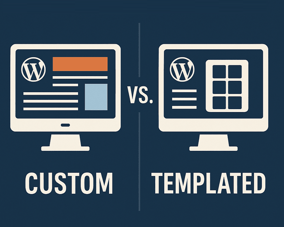 Comparison graphic showing two WordPress website styles: a custom layout on the left and a templated layout on the right, labeled “WordPress Websites: Custom vs. Templated Design.”