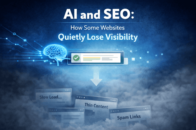 AI and SEO illustration showing how slow load times, thin content, and spam links reduce website visibility.