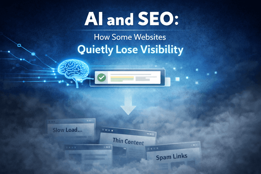 AI and SEO illustration showing how slow load times, thin content, and spam links reduce website visibility.