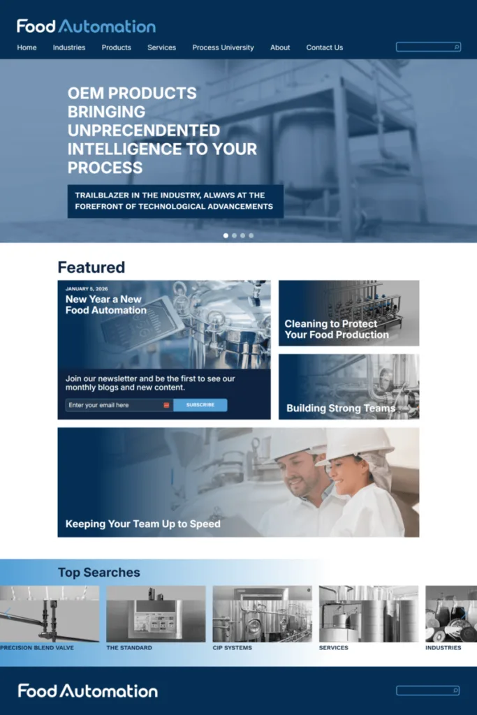 Homepage with featured sections on new products, cleaning for food production, and team building. The design includes blue and white color scheme for a professional B2B look.