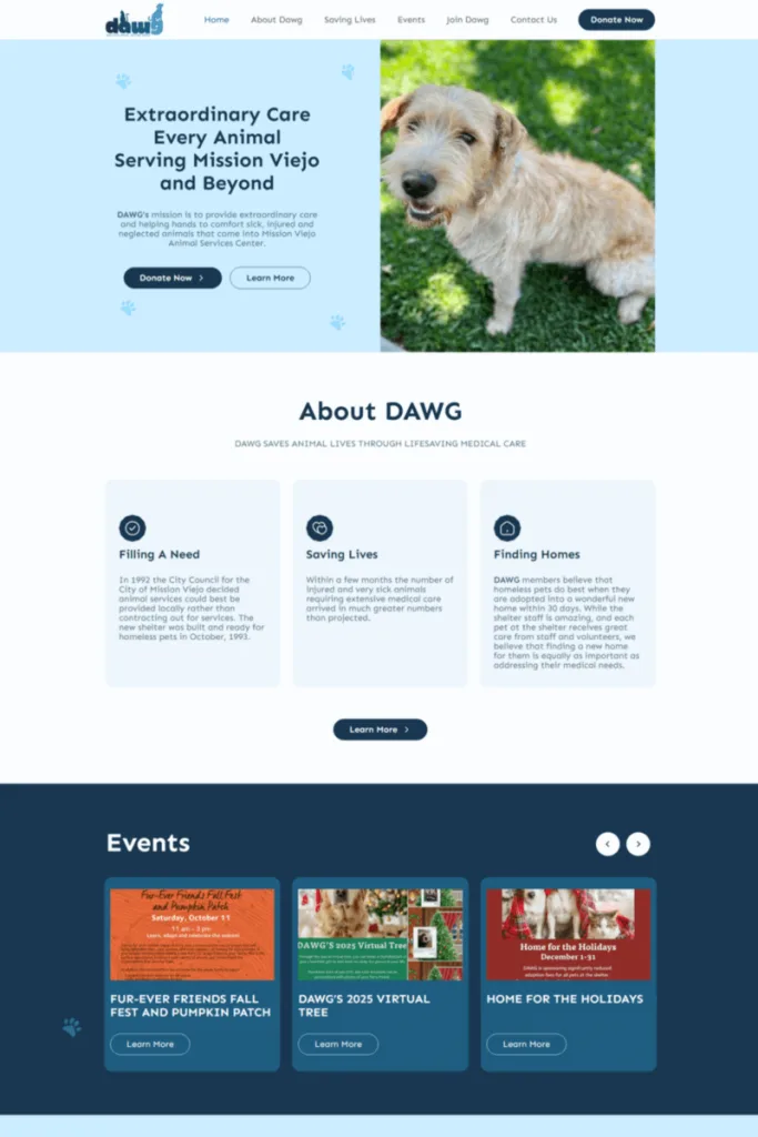 DAWG screenshot showing non-profit animal services website design in Mission Viejo