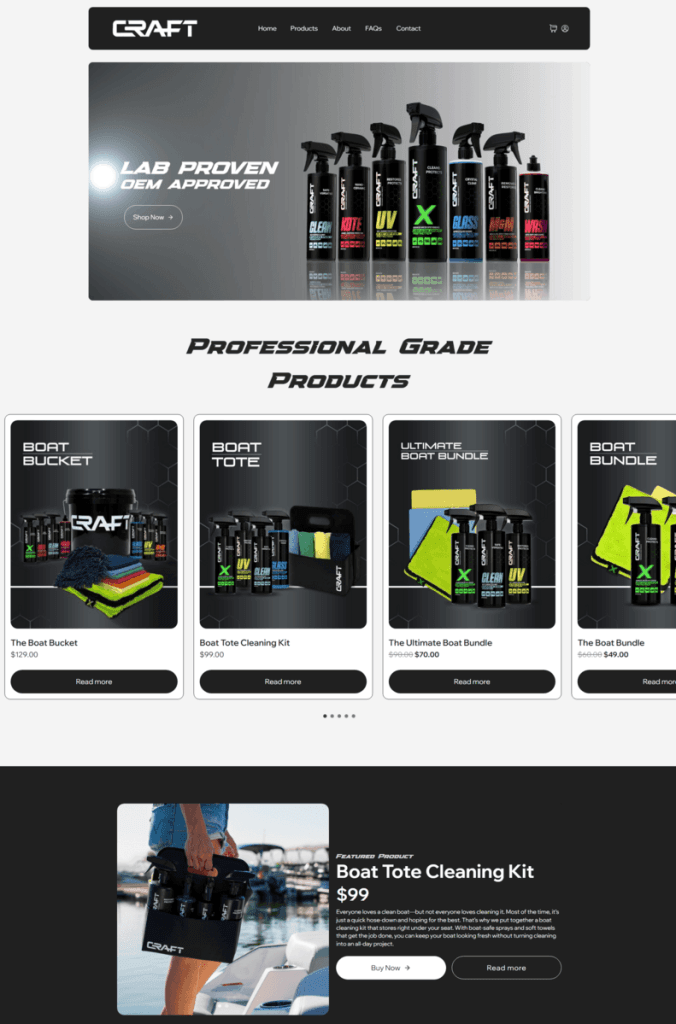 CRAFT professional-grade cleaning products lineup with spray bottles displayed on ecommerce homepage banner