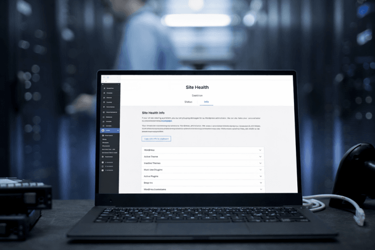 WordPress Site Health dashboard displayed on a laptop in a server room representing website maintenance and infrastructure.
