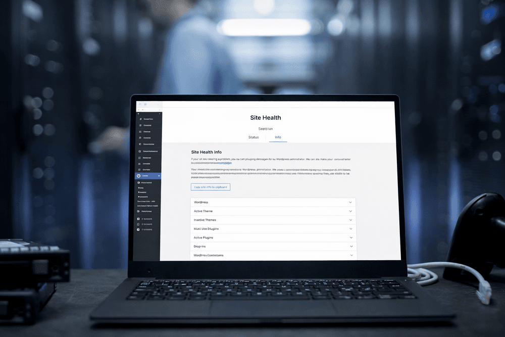 WordPress Site Health dashboard displayed on a laptop in a server room representing website maintenance and infrastructure.