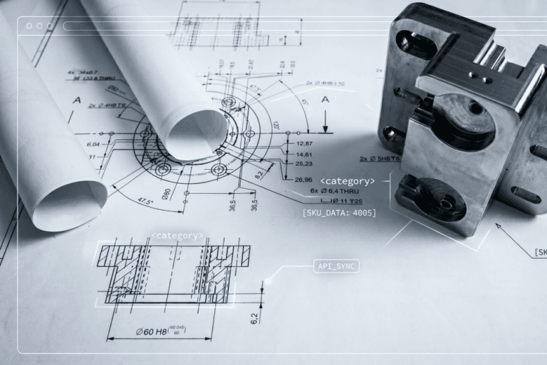 B2B website architecture showing a metal part on a technical blueprint with structured data labels for OC manufacturers.