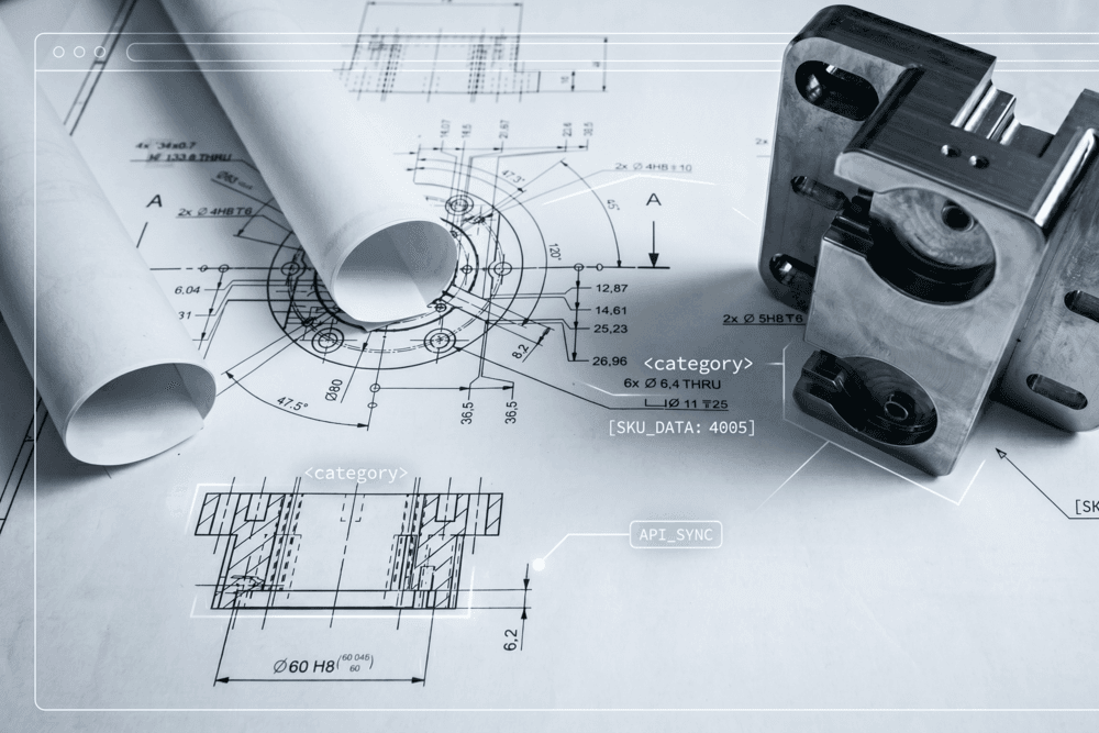 B2B website architecture showing a metal part on a technical blueprint with structured data labels for OC manufacturers.