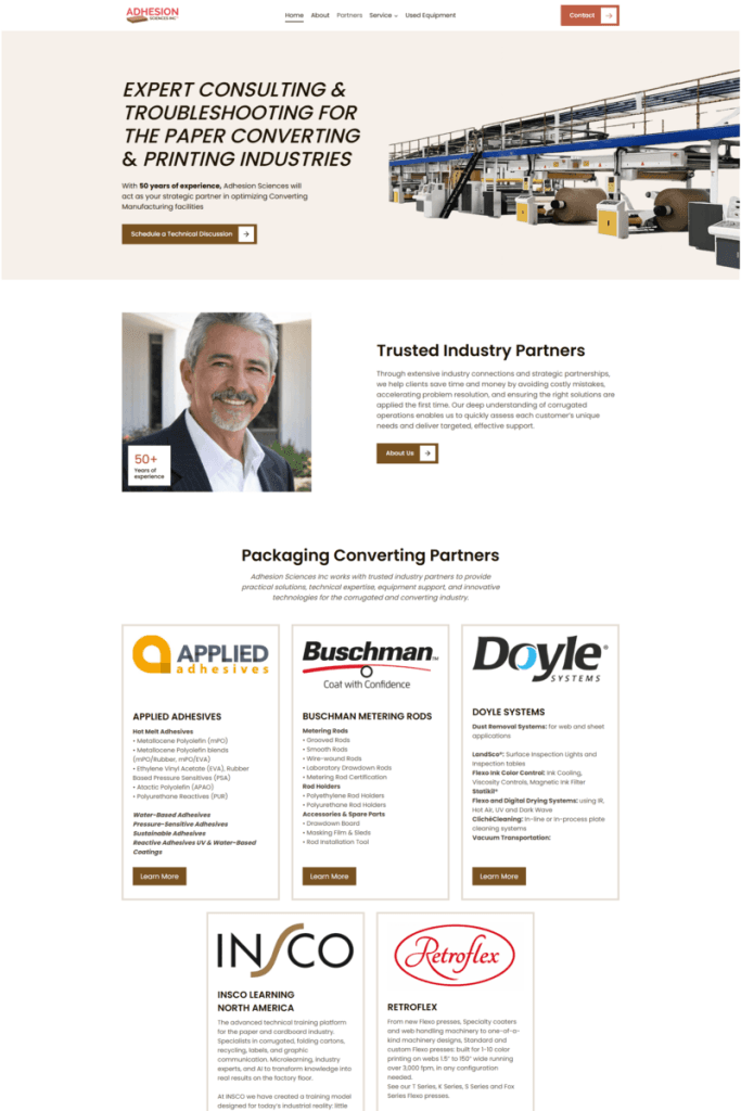 Adhesion Sciences professional consulting services website design homepage