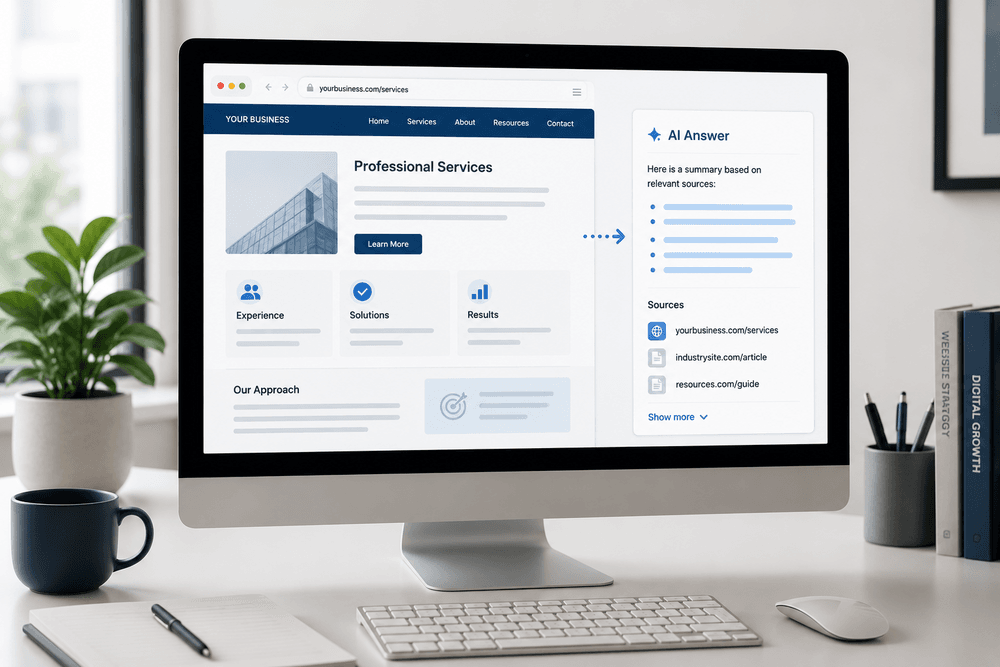 Desktop computer showing structured website content and AI answers representing AI SEO for Orange County businesses.
