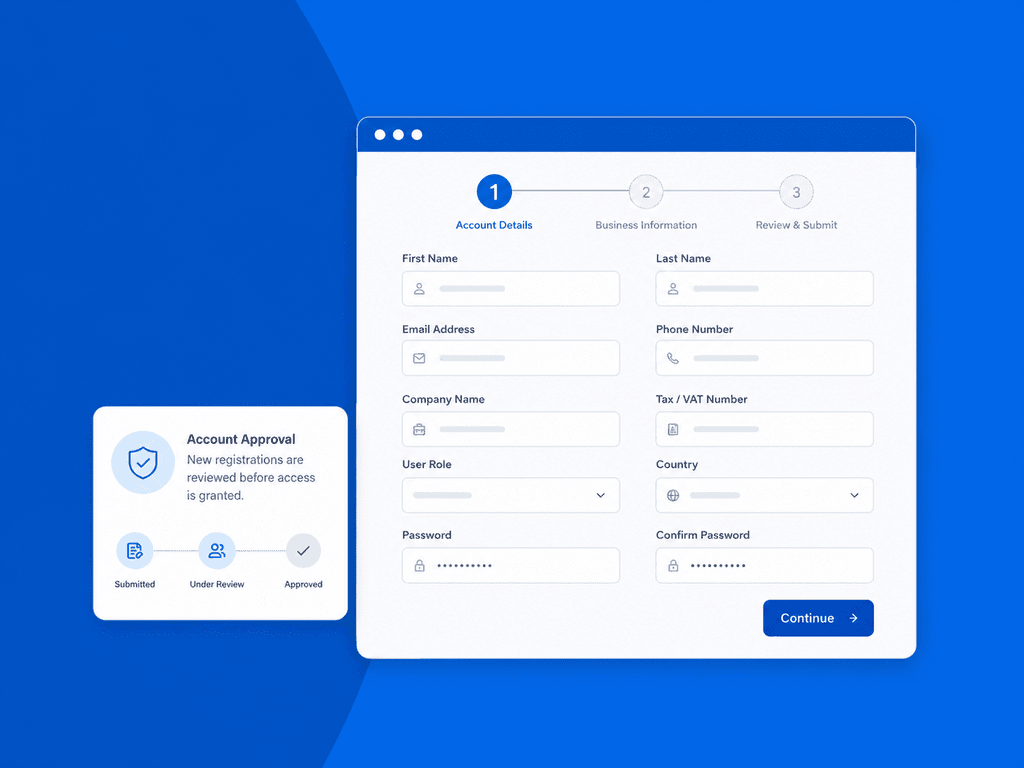 Illustration of a B2B customer registration form and account approval workflow