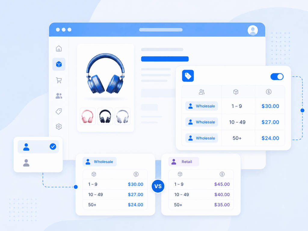 Illustration of role-based and tiered pricing for wholesale ecommerce customers
