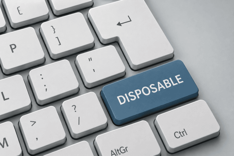Blue keyboard key labeled “Disposable,” representing a short-term website built with cheap web design.