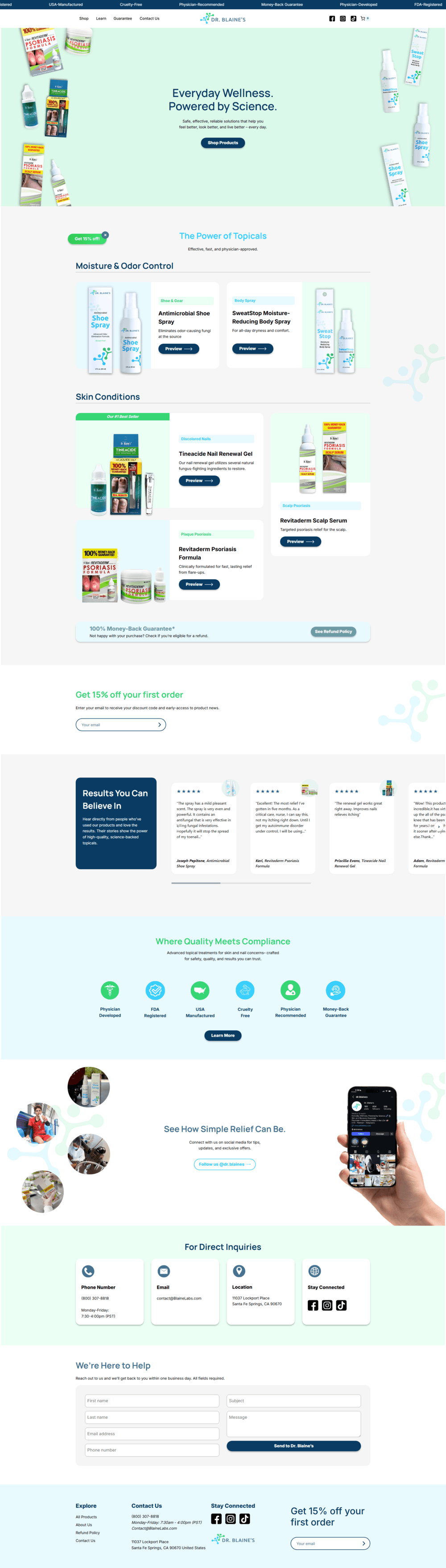 Dr. Blaine’s ecommerce homepage featuring topical wellness products, reviews, quality standards, and contact information.