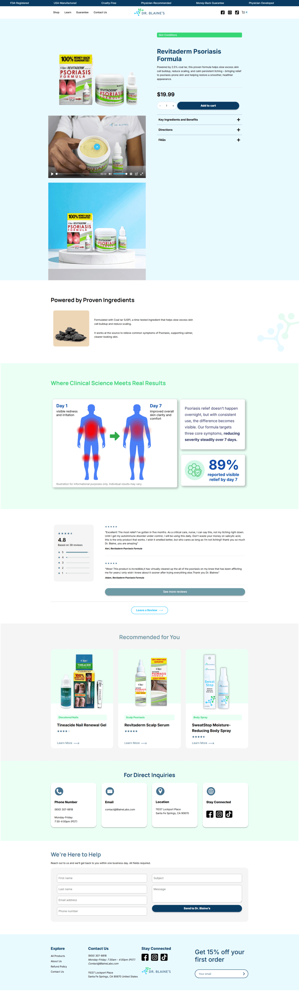 Dr. Blaine’s psoriasis product page with product details, ingredients, clinical results, reviews, and related products.