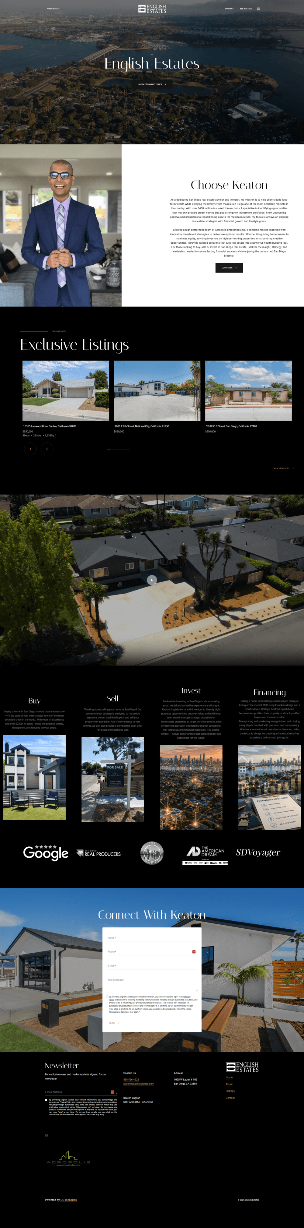 English Estates homepage with agent profile, featured listings, services, video, and contact form.