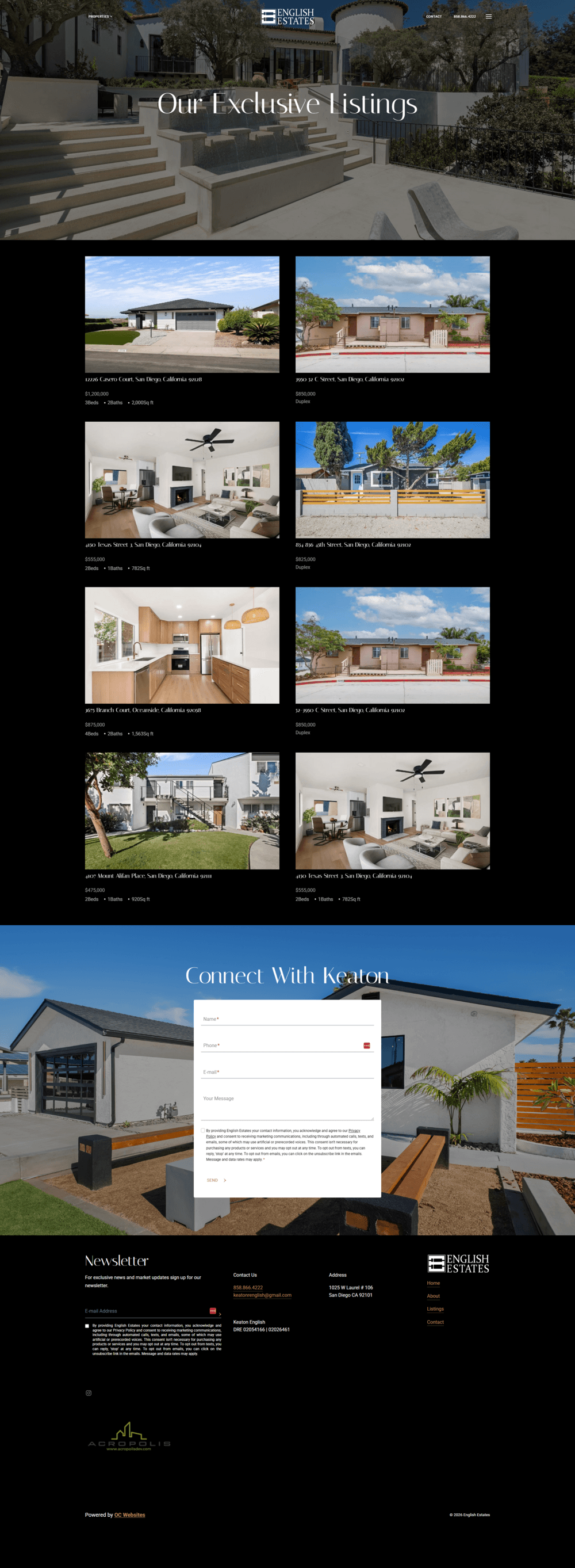 English Estates MLS listings page displaying available San Diego homes in a property grid.