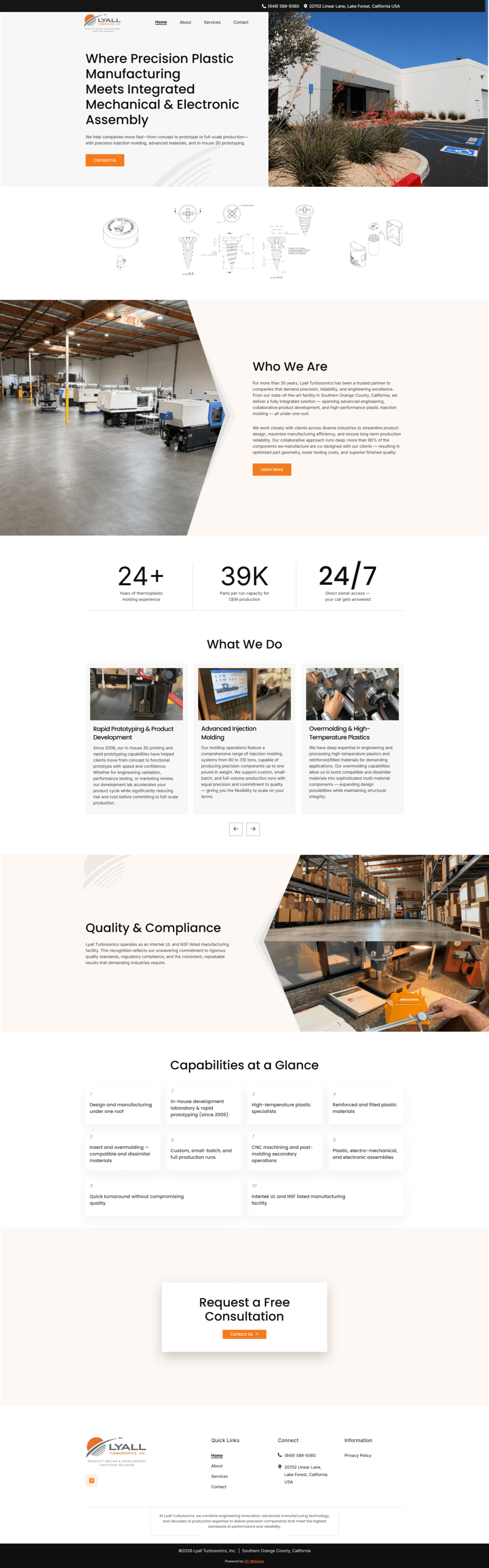 Lyall Turbosonics homepage featuring precision manufacturing services and facility imagery.