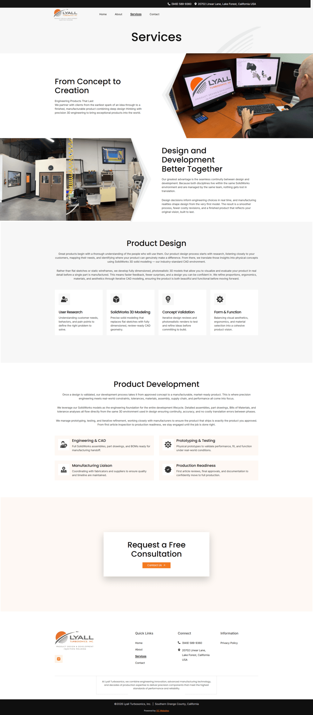 Services page covering product design, injection molding, prototyping, and assembly.