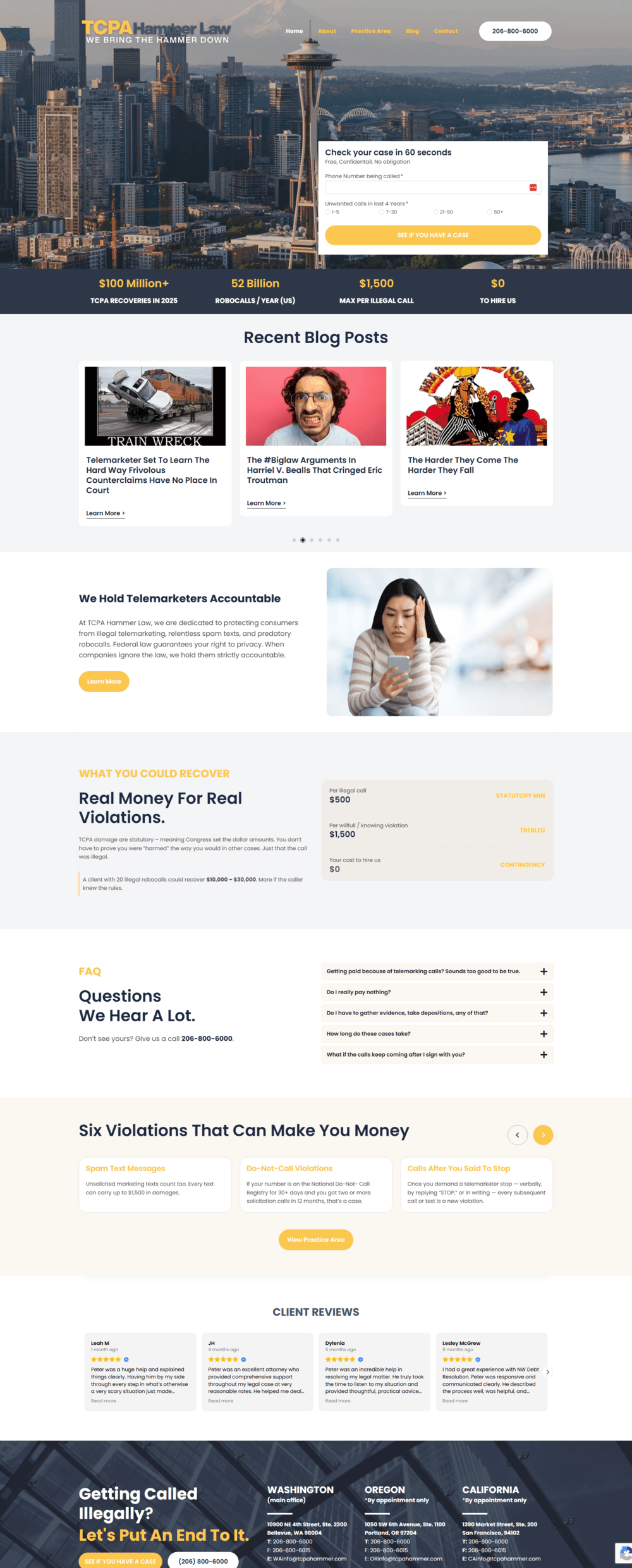 TCPA Hammer Law Firm homepage with case review form, recovery details, FAQs, blog posts, and client reviews.