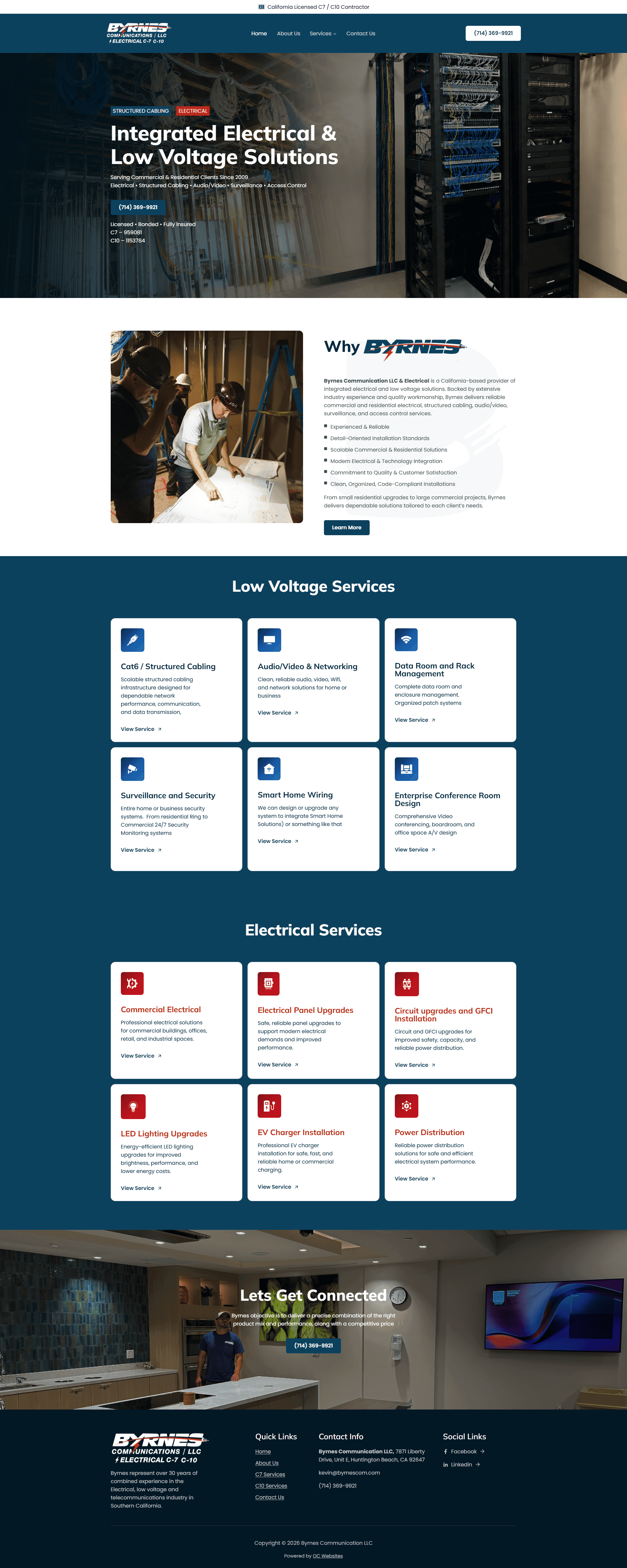 Byrnes Communications website homepage showcasing electrical and low-voltage services.