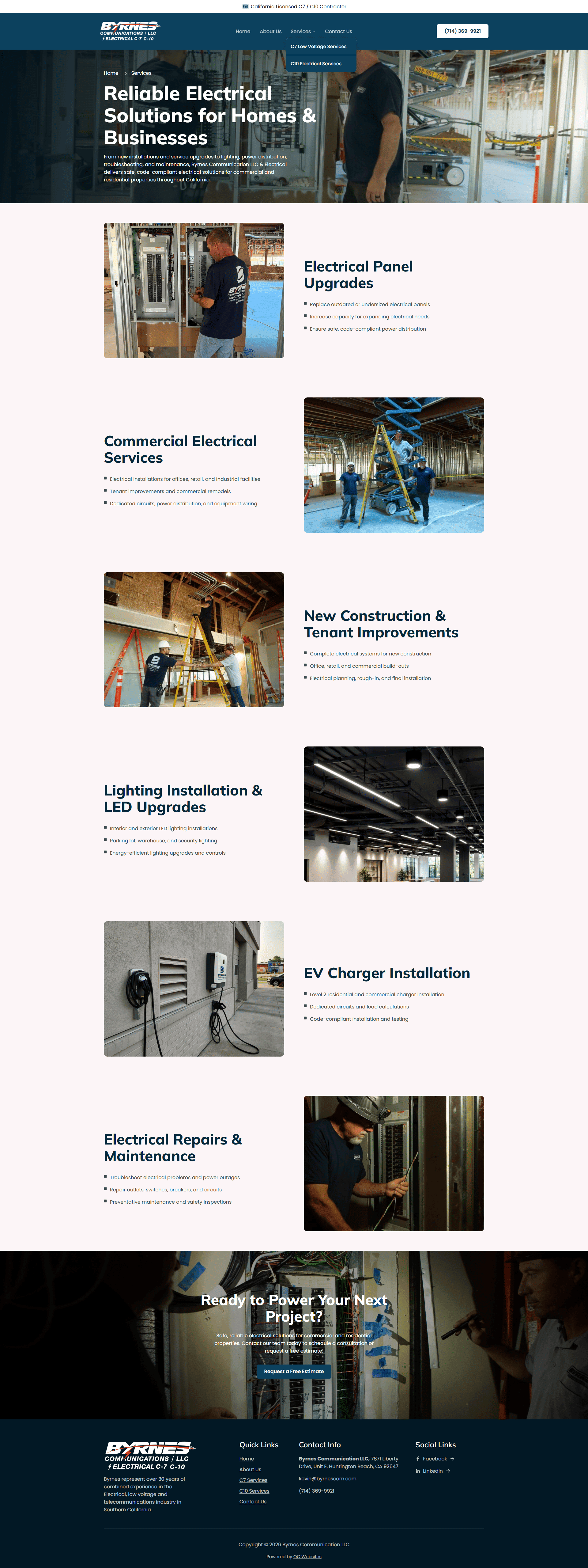 Byrnes Communications service page featuring electrical and low-voltage service offerings.