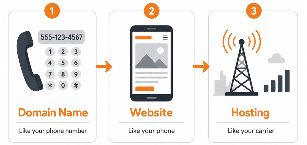 Illustration comparing a domain name to a phone number, a website to a phone, and hosting to a carrier.