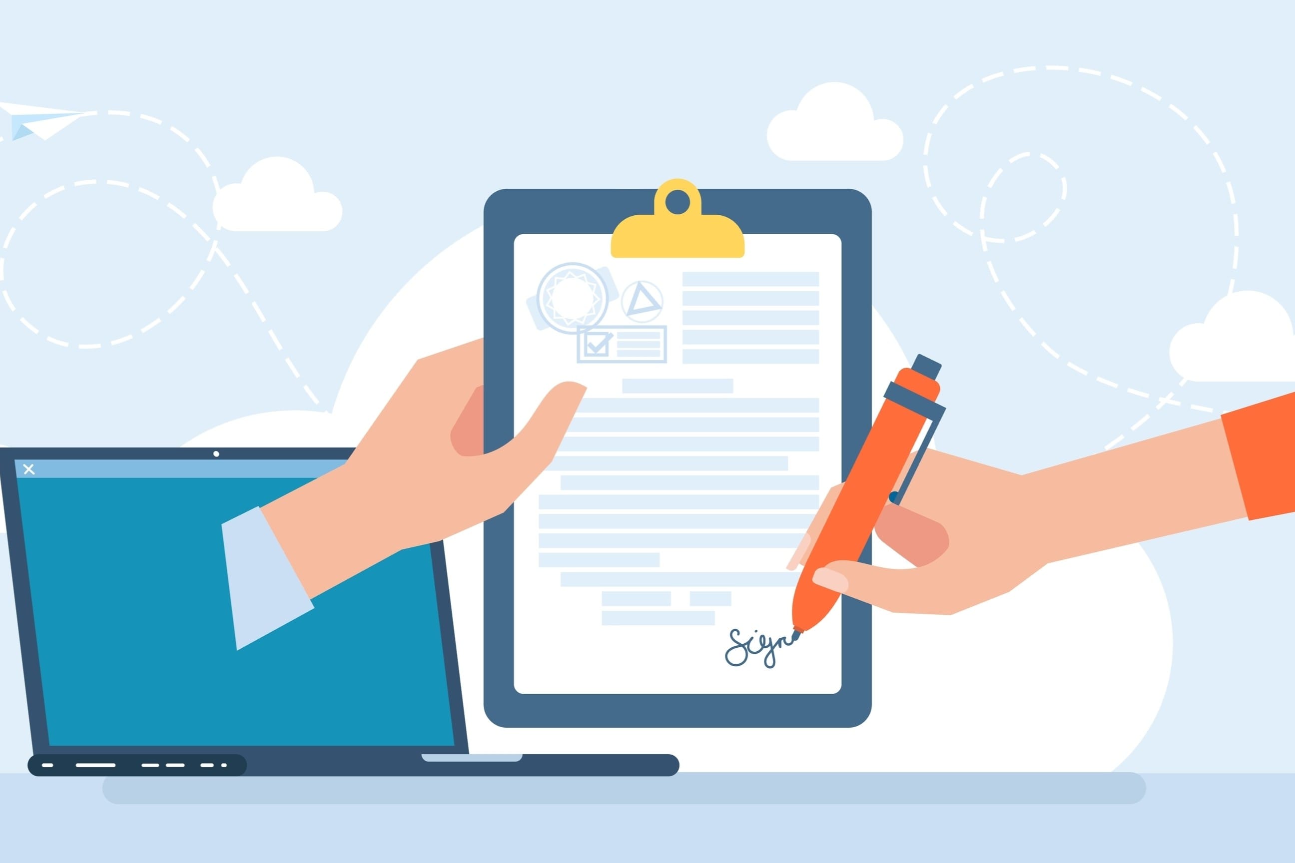 Illustration of a digital website contract being signed on a laptop.